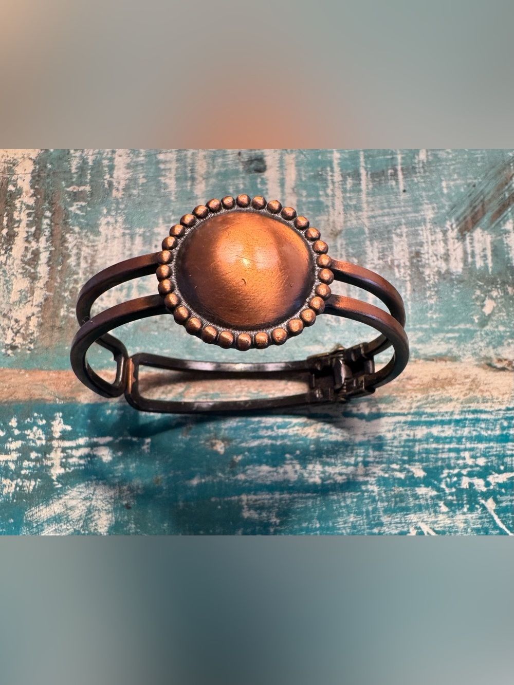 Handcrafted Copper Hinged Cuff Bracelet Raised Center Dome/Bead Trim Boho Retro